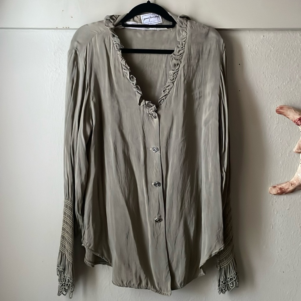 Vintage ruffled long sleeve oversized button down tunic by Ann Ferriday